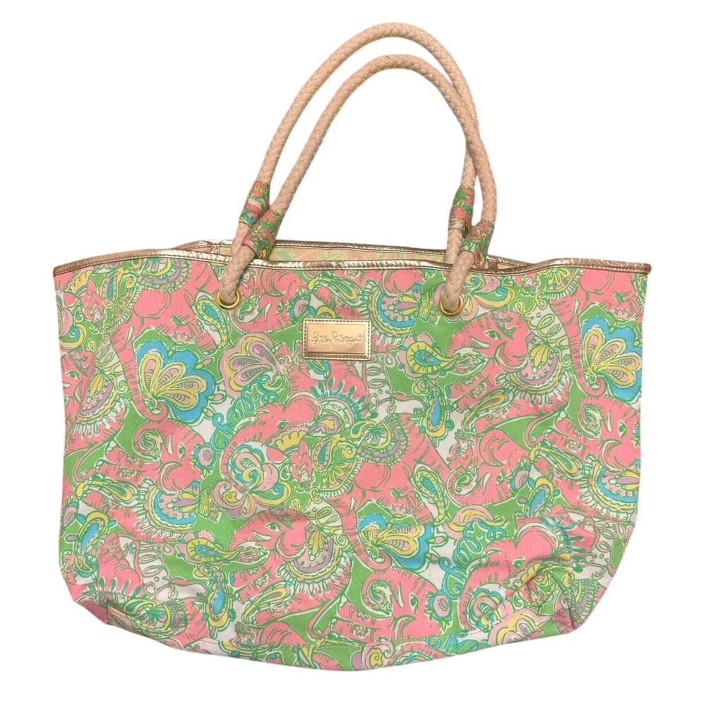 Lilly Pulitzer Mini Chin Chin Shoreline Tote Beach Bag Purse Elephant Pink Green